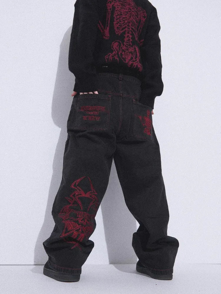 Retro Skull Embroidery Baggy Denim Pants