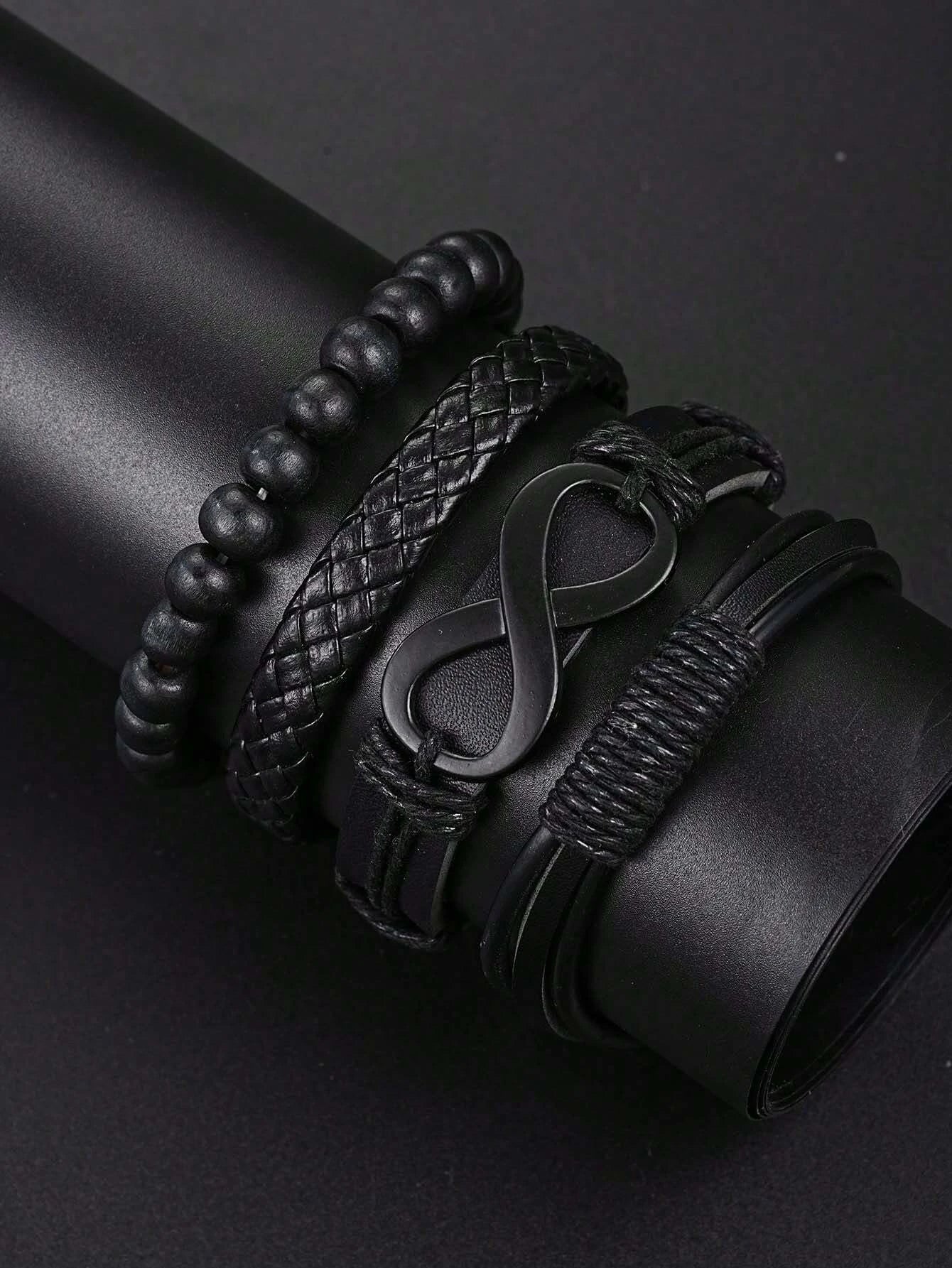 VVS Vanta Noir 6-Piece Men's Accessory Set – Leather Bracelet, Mechanical Watch & Cross Pendant Necklace Bundle