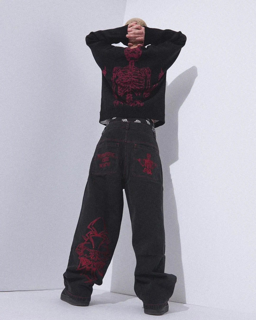 Retro Skull Embroidery Baggy Denim Pants