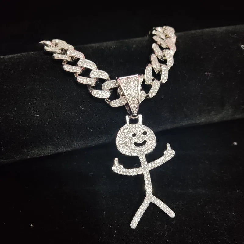 Iced Out Stickman Middle Finger Cuban Necklace - Funny Hip-Hop Pendant