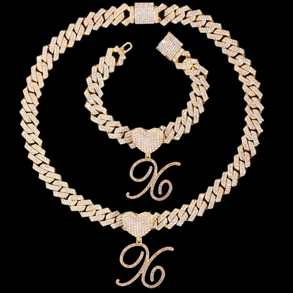 Initial Iced Out Cuban Link Chain Necklace Set