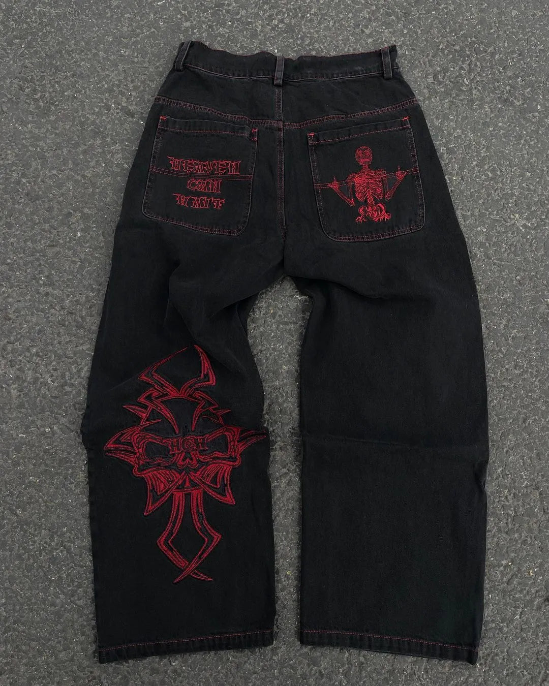 Retro Skull Embroidery Baggy Denim Pants