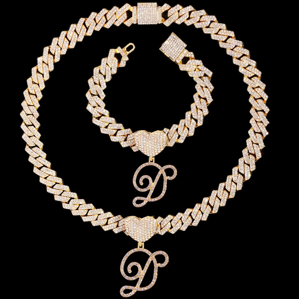 Initial Iced Out Cuban Link Chain Necklace Set