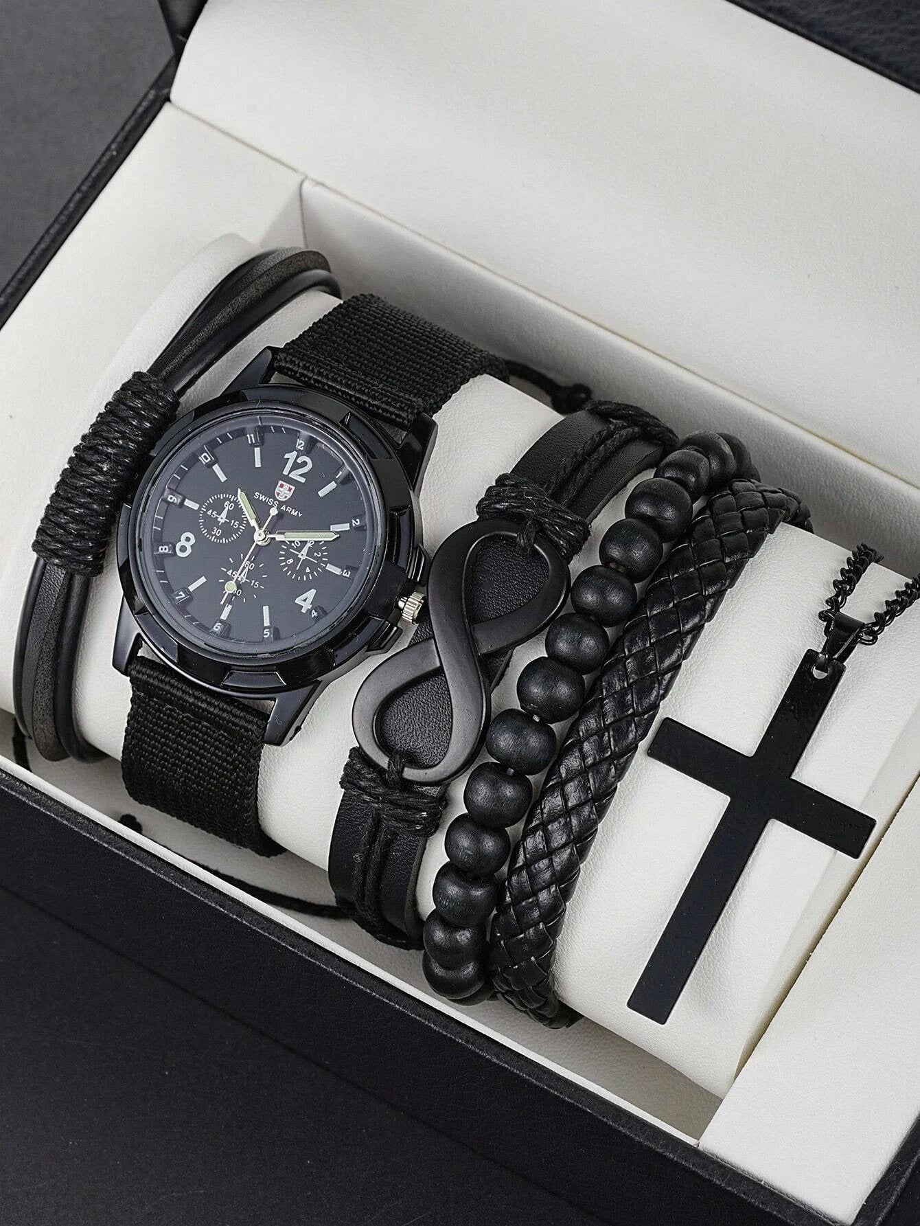 VVS Vanta Noir 6-Piece Men's Accessory Set – Leather Bracelet, Mechanical Watch & Cross Pendant Necklace Bundle