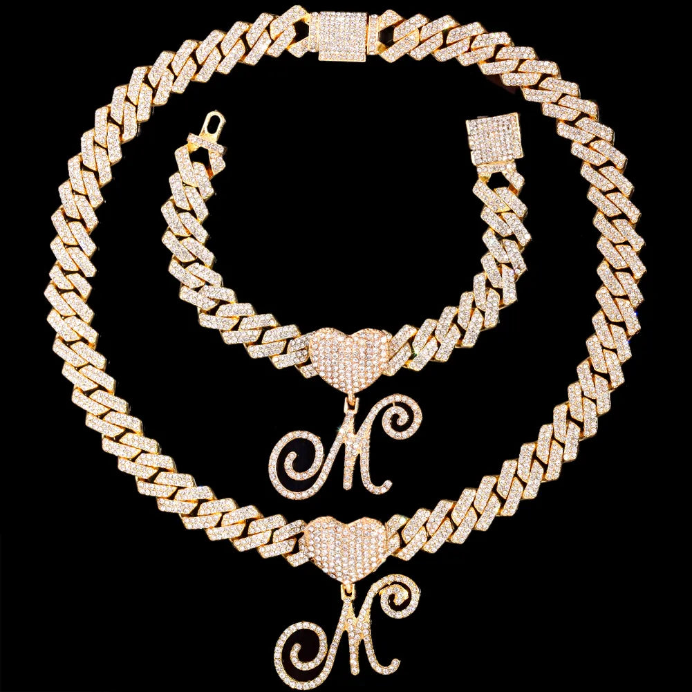 Initial Iced Out Cuban Link Chain Necklace Set