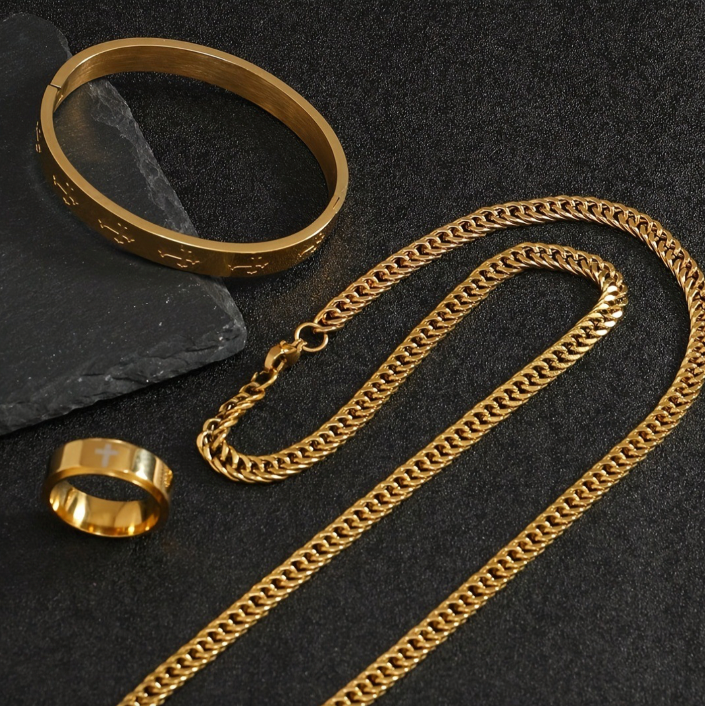 Grillz Boss Glory Gold Cuban Chain Cross Armreif und Kreuzring Bundle