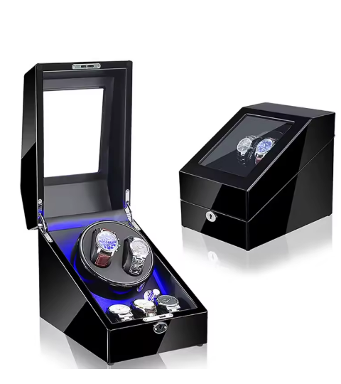 Luxury Walnut Wood 2+3 Watch Winder with Lock, LED Lights &  Extra Storage