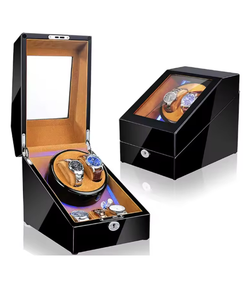 Luxury Walnut Wood 2+3 Watch Winder with Lock, LED Lights &  Extra Storage