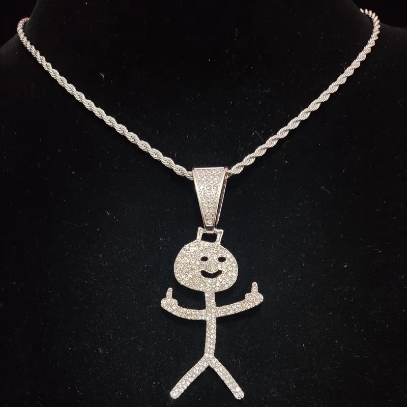 Iced Out Stickman Middle Finger Cuban Necklace - Funny Hip-Hop Pendant