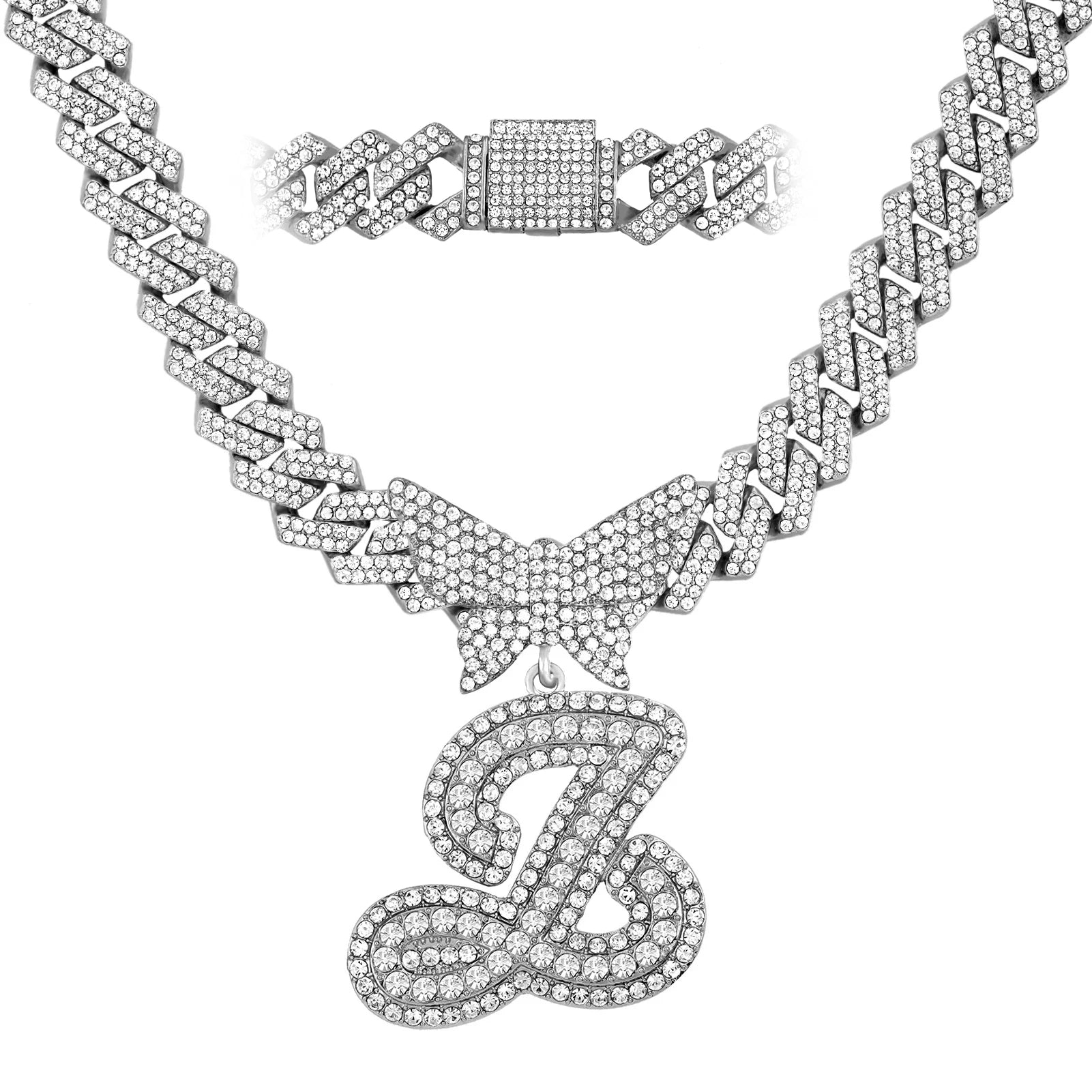 Initial Letter Pendant with14MM Cuban Chain Crystal Butterfly