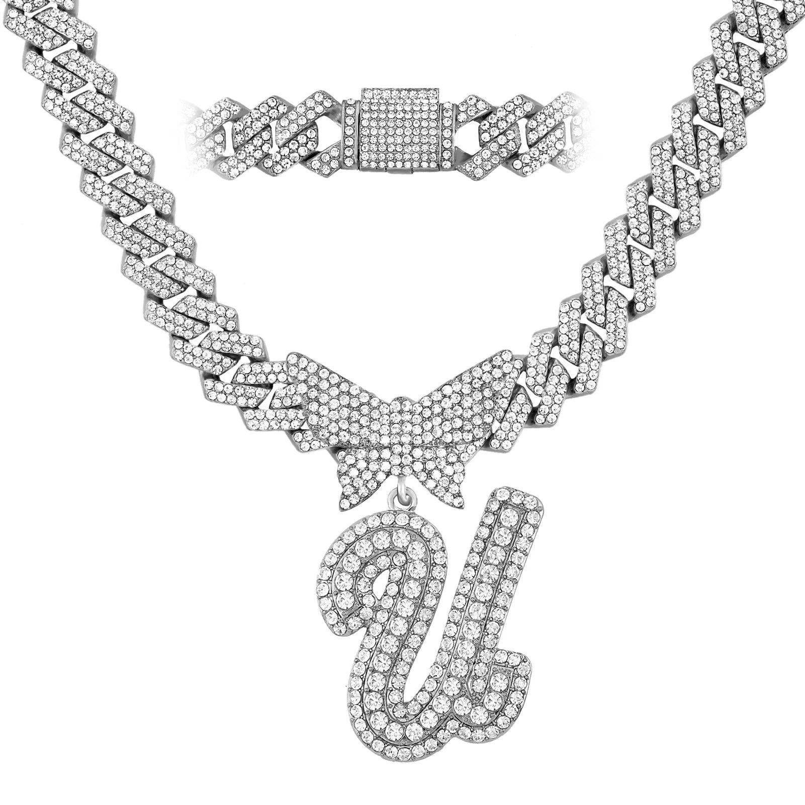 Initial Letter Pendant with14MM Cuban Chain Crystal Butterfly