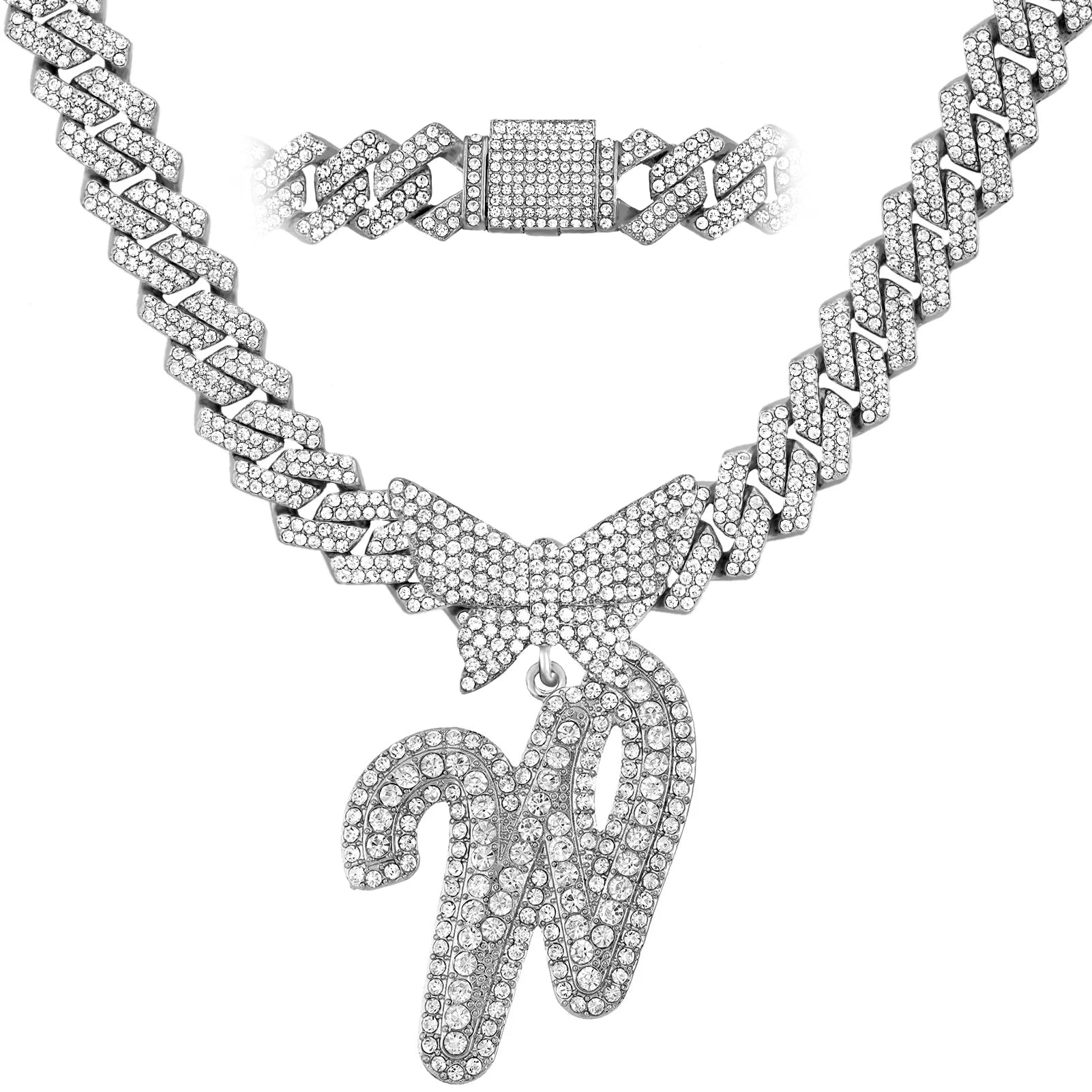 Initial Letter Pendant with14MM Cuban Chain Crystal Butterfly