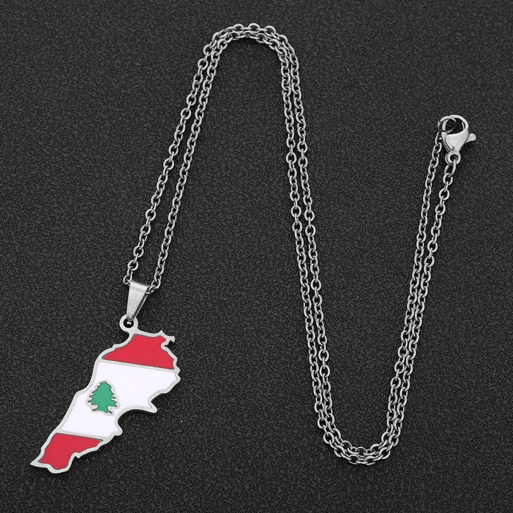 Stainless steel Enamel Lebanon Map Flag Pendant Necklace