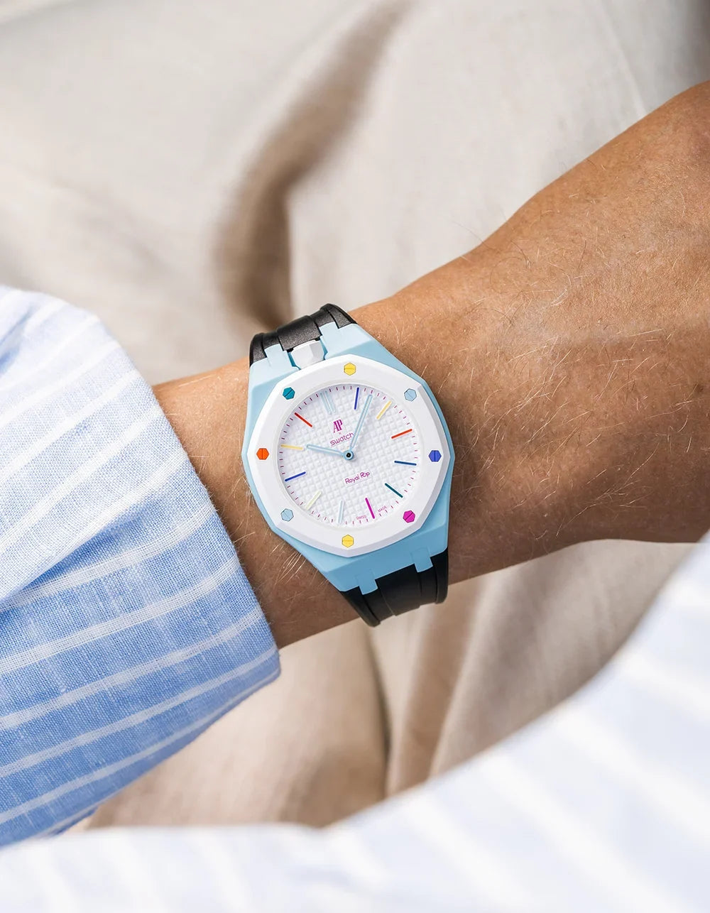 combo::light-blue::rubber-strap-for-ap-x-swatch-royal-pop-black