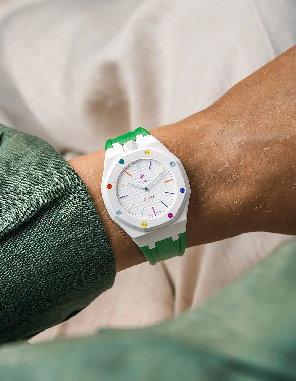 combo::white::rubber-strap-for-ap-x-swatch-royal-pop-green
