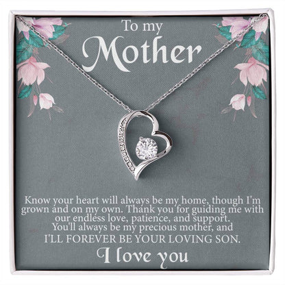 To My Mother From Son Message Card Heart Necklace