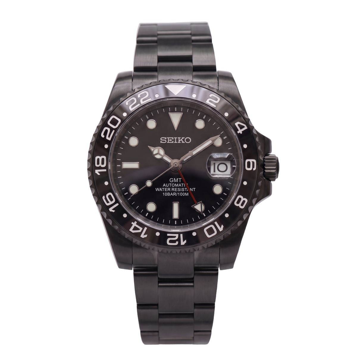 Stealth Redstrike Seiko mod GMT front view on Oyster | strap=Oyster
