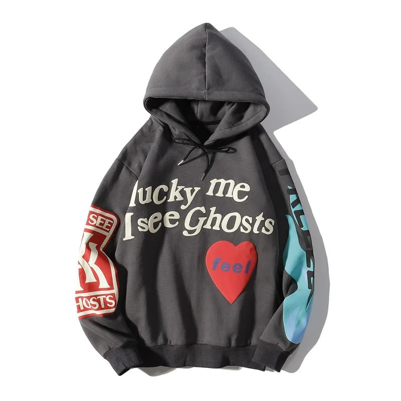 Graffiti Letter Foam Baggy Lucky Me I see Ghosts Graphic Hoodies