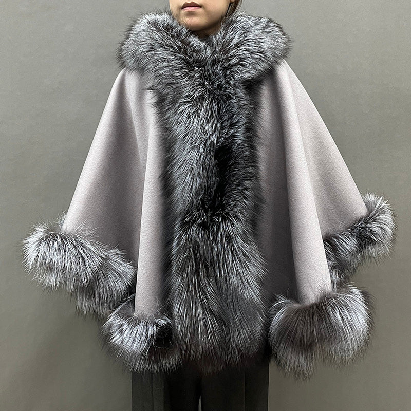 Emily Cashmere Poncho Real Fox Fur Cape with Fox Fur Hood