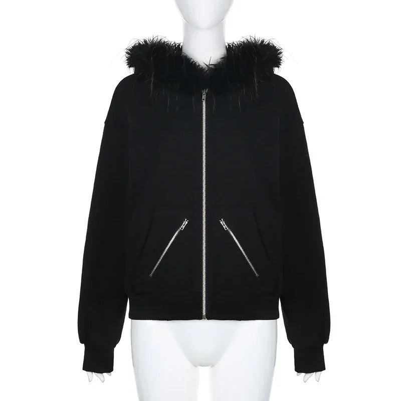 Fur Collar chic Casual Black Hoodie