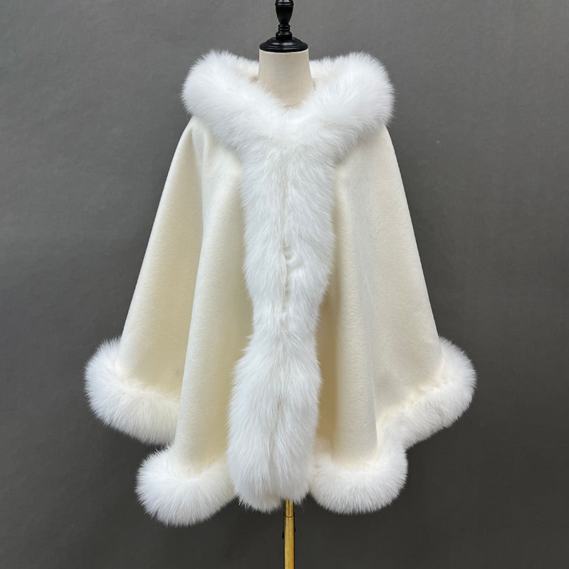 Emily Cashmere Poncho Real Fox Fur Cape with Fox Fur Hood