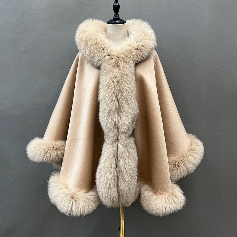 Emily Cashmere Poncho Real Fox Fur Cape with Fox Fur Hood