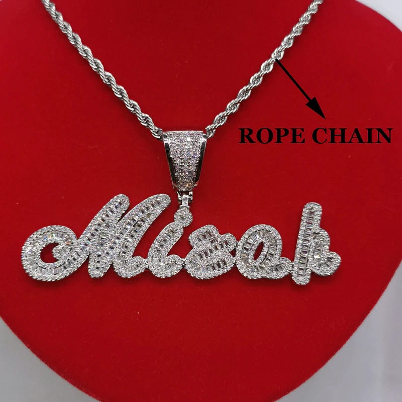 VVS Jewelry hip hop jewelry 0 1 letter / 16INCH Rope Chain Custom Brush Cursive Iced Out Name Necklace