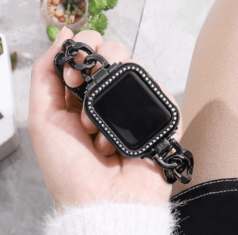 VVS Jewelry hip hop jewelry Black / 44mm For SE 654 VVS Jewelry Cuban Apple Watch Band + FREE Case