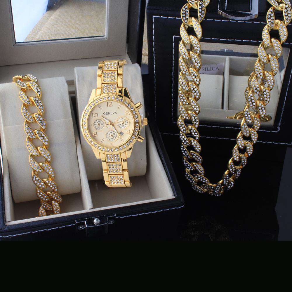 VVS Jewelry hip hop jewelry Cuban Gangsta Cuban Chain + Bracelet + Watch Set