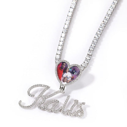 VVS Jewelry hip hop jewelry Custom Heart Photo Pendant with Cursive Letter Pendant Necklace