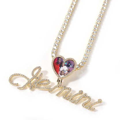 VVS Jewelry hip hop jewelry Custom Heart Photo Pendant with Cursive Letter Pendant Necklace