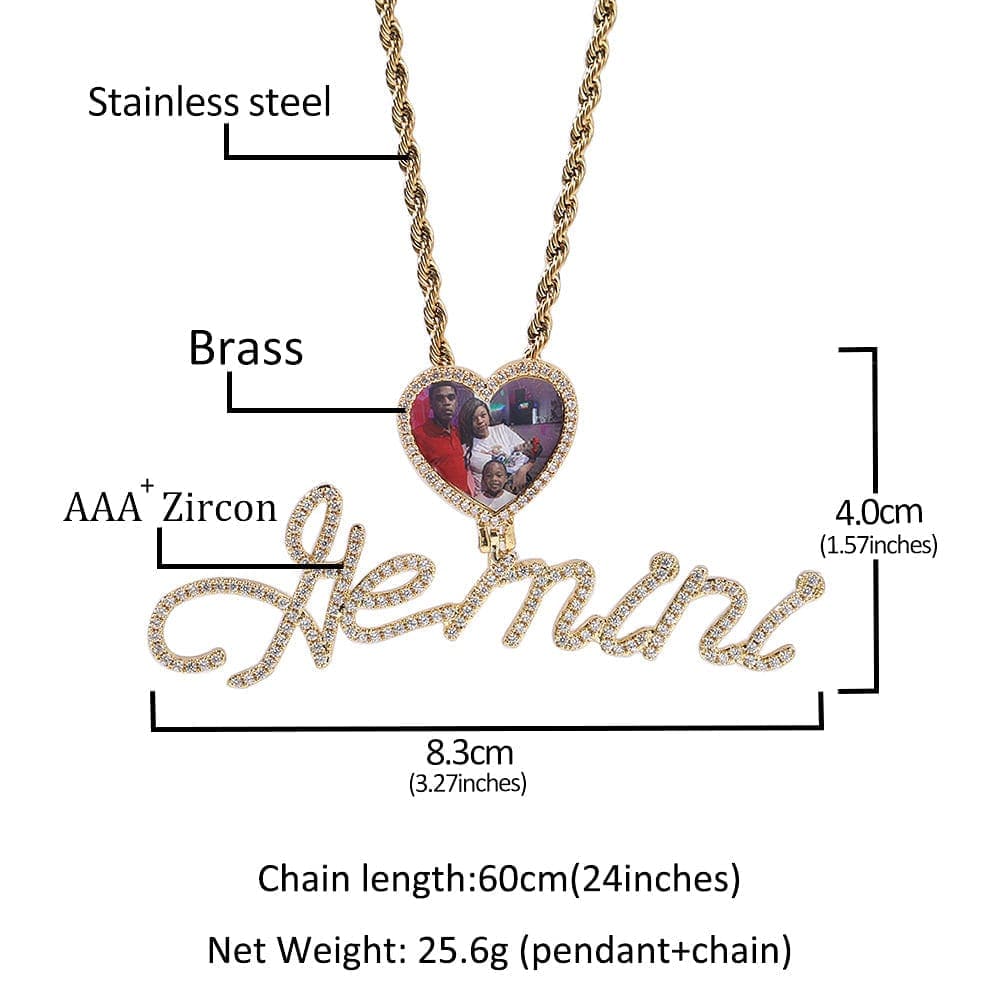 VVS Jewelry hip hop jewelry Custom Heart Photo Pendant with Cursive Letter Pendant Necklace