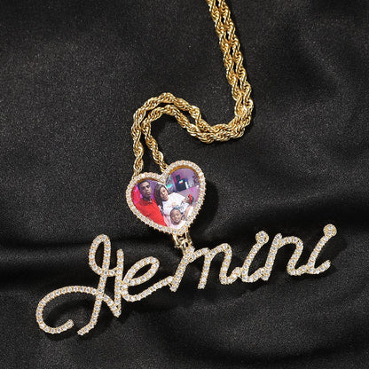 VVS Jewelry hip hop jewelry Custom Heart Photo Pendant with Cursive Letter Pendant Necklace