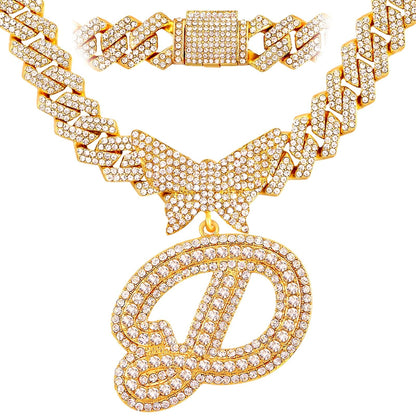 VVS Jewelry hip hop jewelry D / Gold Bling Butterfly Letter Cuban Link Chain