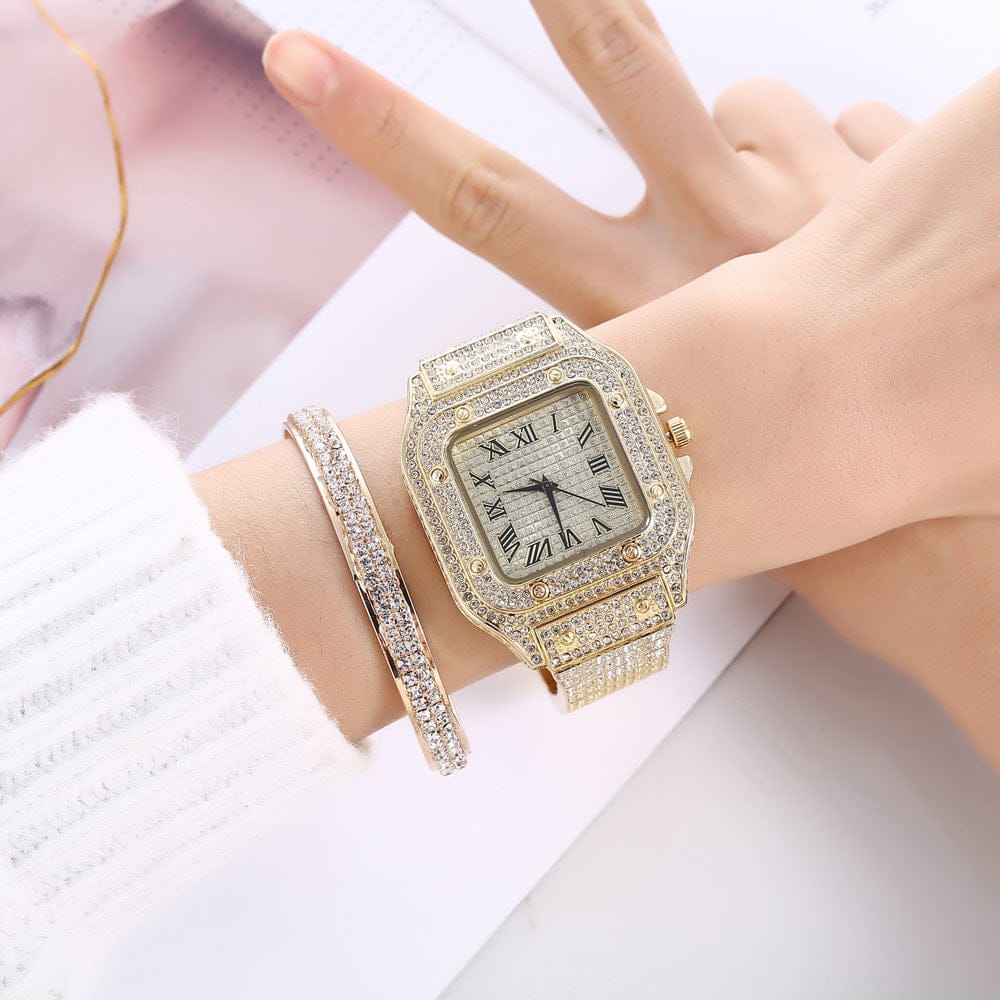 VVS Jewelry hip hop jewelry Fully Iced Roman Square Bezel Watch + FREE Iced Bangle