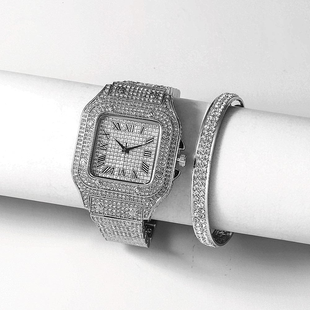 VVS Jewelry hip hop jewelry Fully Iced Roman Square Bezel Watch + FREE Iced Bangle