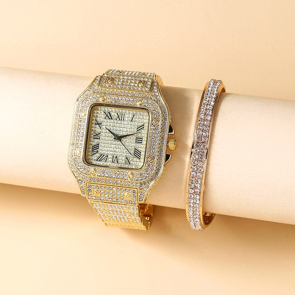 VVS Jewelry hip hop jewelry Fully Iced Roman Square Bezel Watch + FREE Iced Bangle