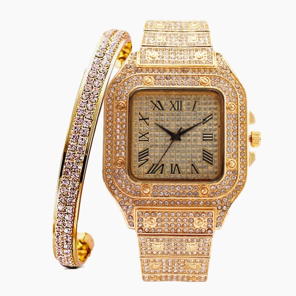 VVS Jewelry hip hop jewelry Fully Iced Roman Square Bezel Watch + FREE Iced Bangle