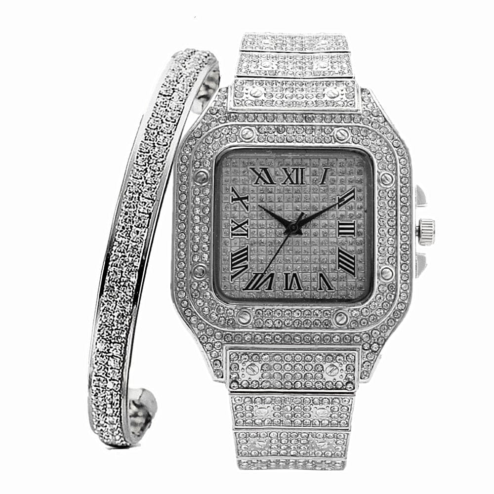 VVS Jewelry hip hop jewelry Fully Iced Roman Square Bezel Watch + FREE Iced Bangle