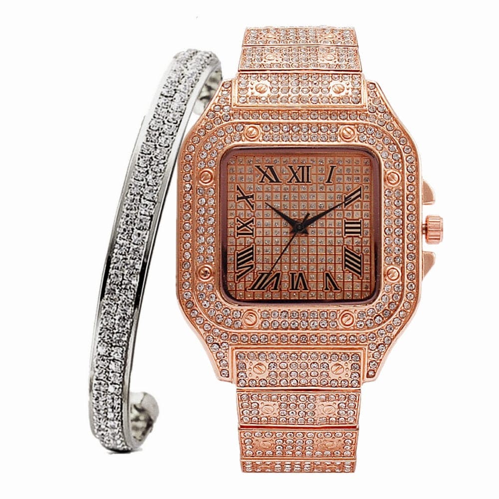 VVS Jewelry hip hop jewelry Fully Iced Roman Square Bezel Watch + FREE Iced Bangle