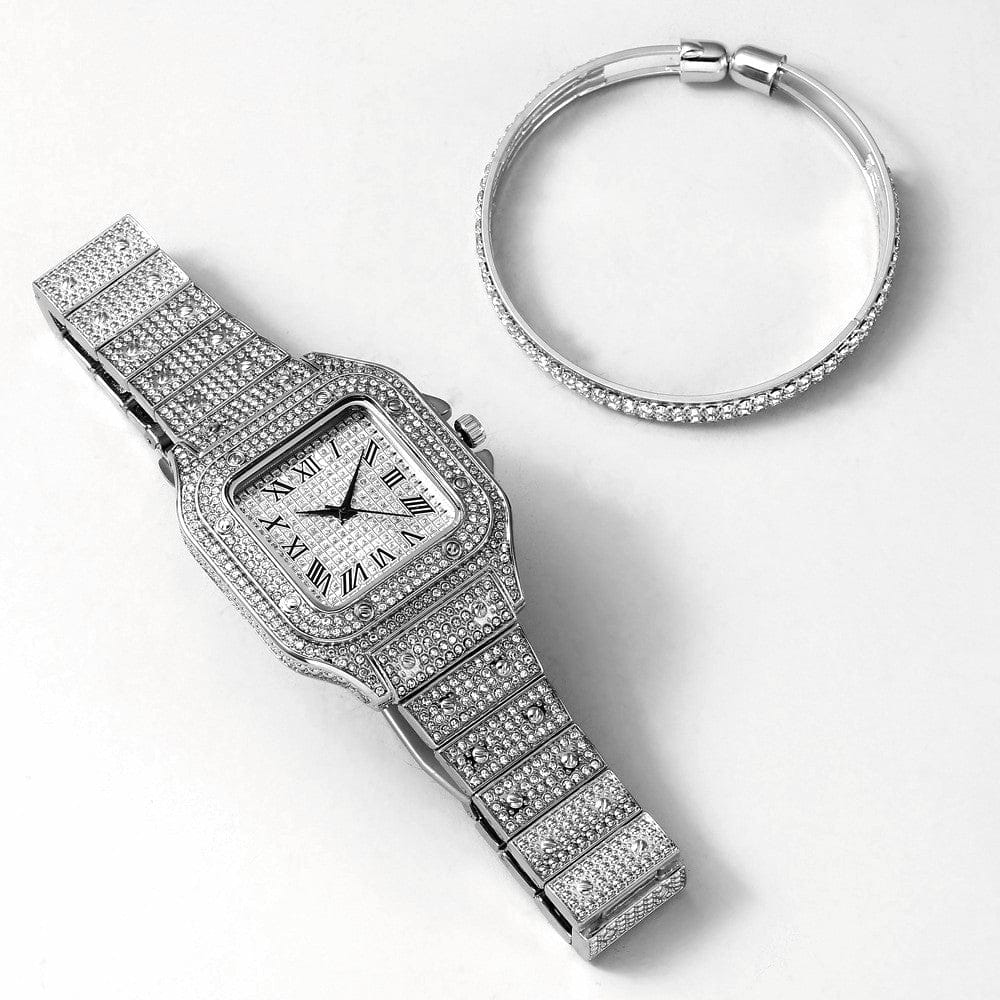 VVS Jewelry hip hop jewelry Fully Iced Roman Square Bezel Watch + FREE Iced Bangle