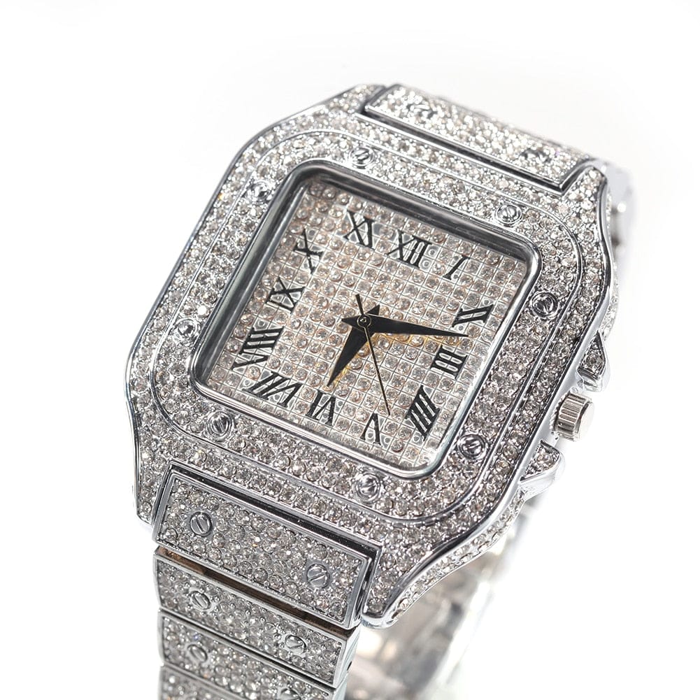 VVS Jewelry hip hop jewelry Fully Iced Square Stainless Steel Roman Watch