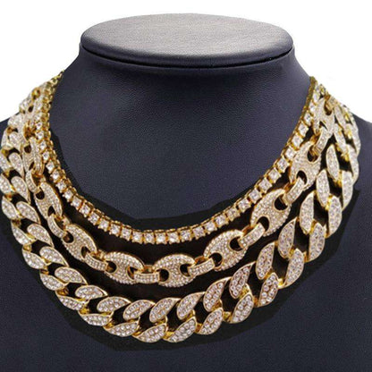 VVS Jewelry hip hop jewelry Gold Bling Cuban Chain + Coffee Bean Chain + Row Tennis Choker Chain Set