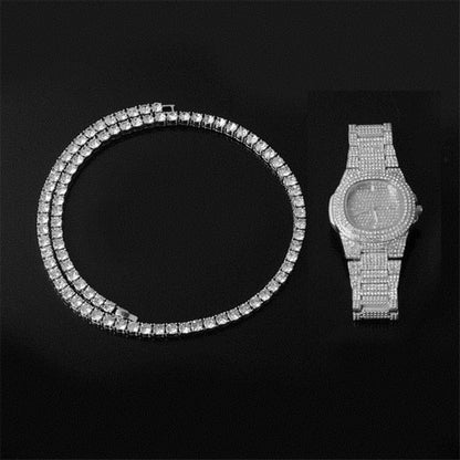 VVS Jewelry hip hop jewelry Gold/Silver 5mm Micro Pave Tennis Chain + Tennis Bracelet + FREE Watch Bundle