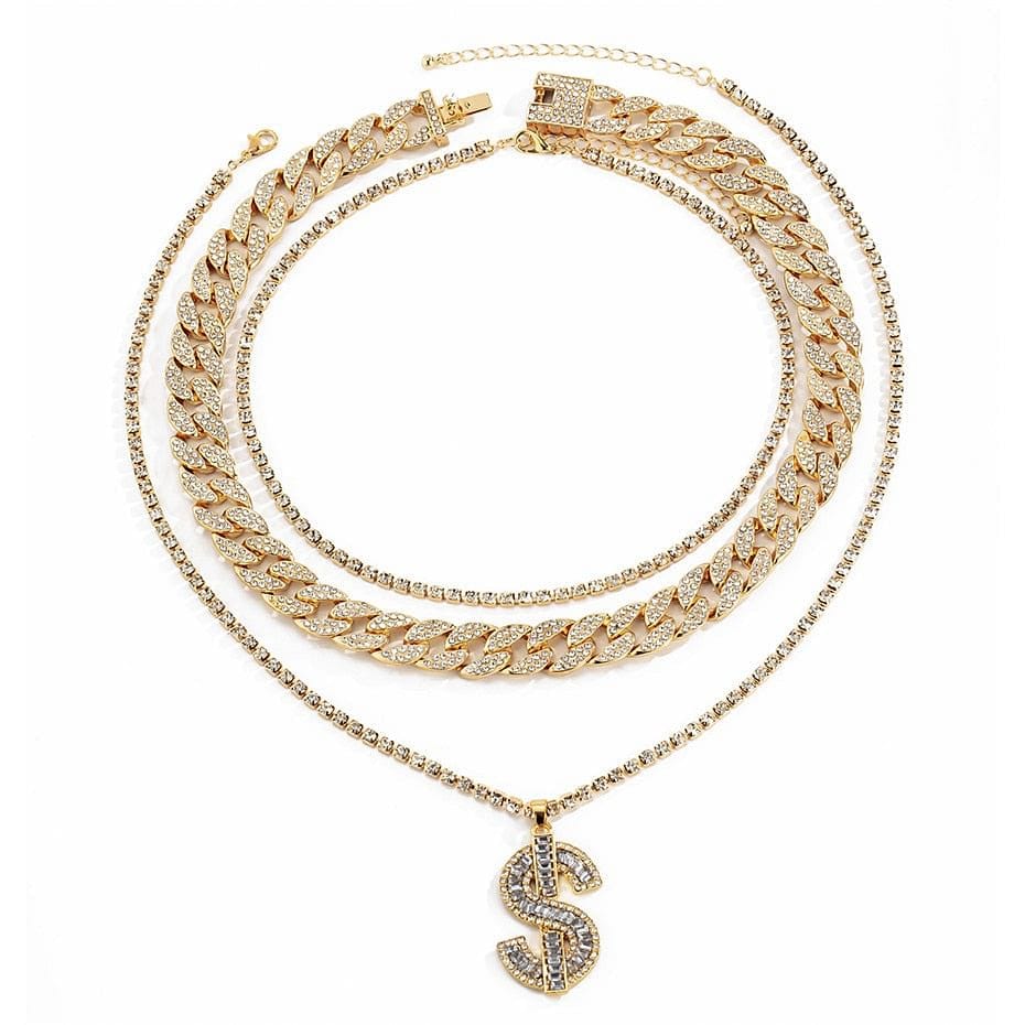 VVS Jewelry hip hop jewelry Gold/Silver Cuban Tennis Dollar Sign Choker Bundle