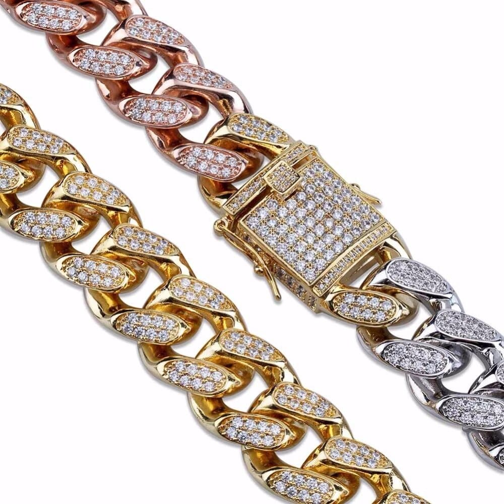 VVS Jewelry hip hop jewelry Gold/Silver/Rose Gold 3 Tone Bling Cuban Chain Bracelet