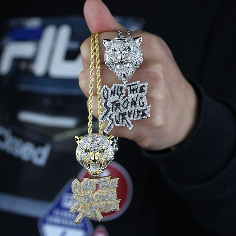 VVS Jewelry hip hop jewelry Iced Out Tiger "Only The Strong Survive" Pendant Chain