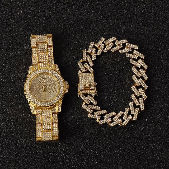 VVS Jewelry hip hop jewelry Miami Micro Pave Cuban Chain + Bracelet + Watch Set