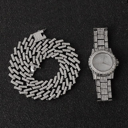 VVS Jewelry hip hop jewelry Miami Micro Pave Cuban Chain + Bracelet + Watch Set