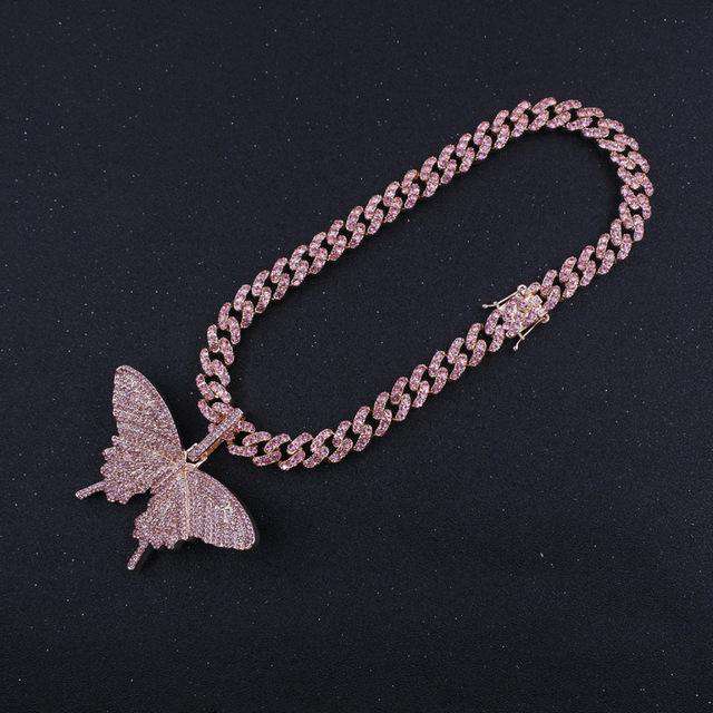 VVS Jewelry hip hop jewelry Pink / 16inch / 12mm VVS Jewelry Cuban Link Butterfly Choker + FREE Tennis Choker